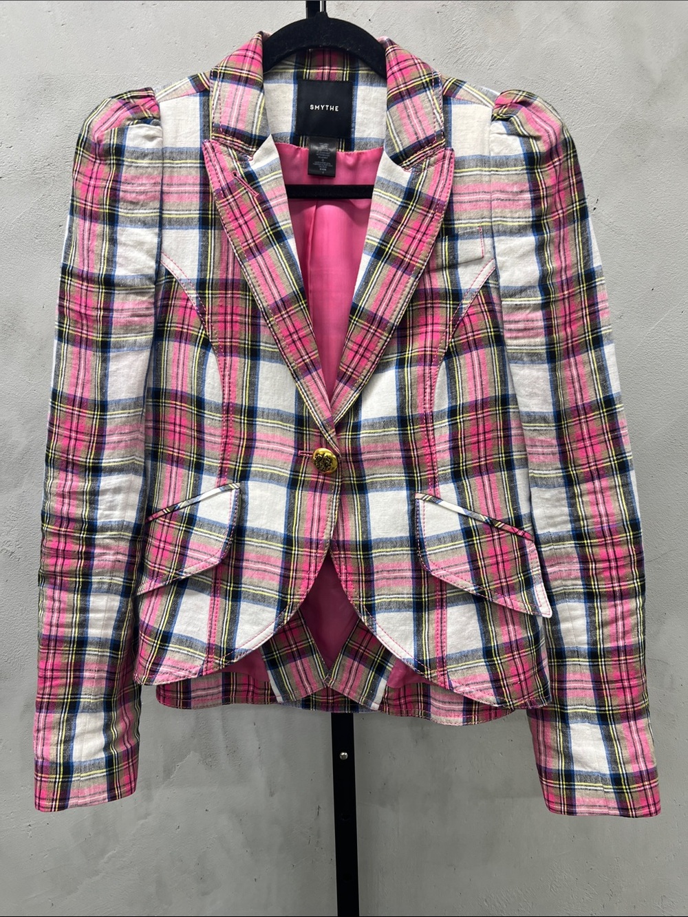 Smythe Pink Plaid Single-Button Tailored Blazer